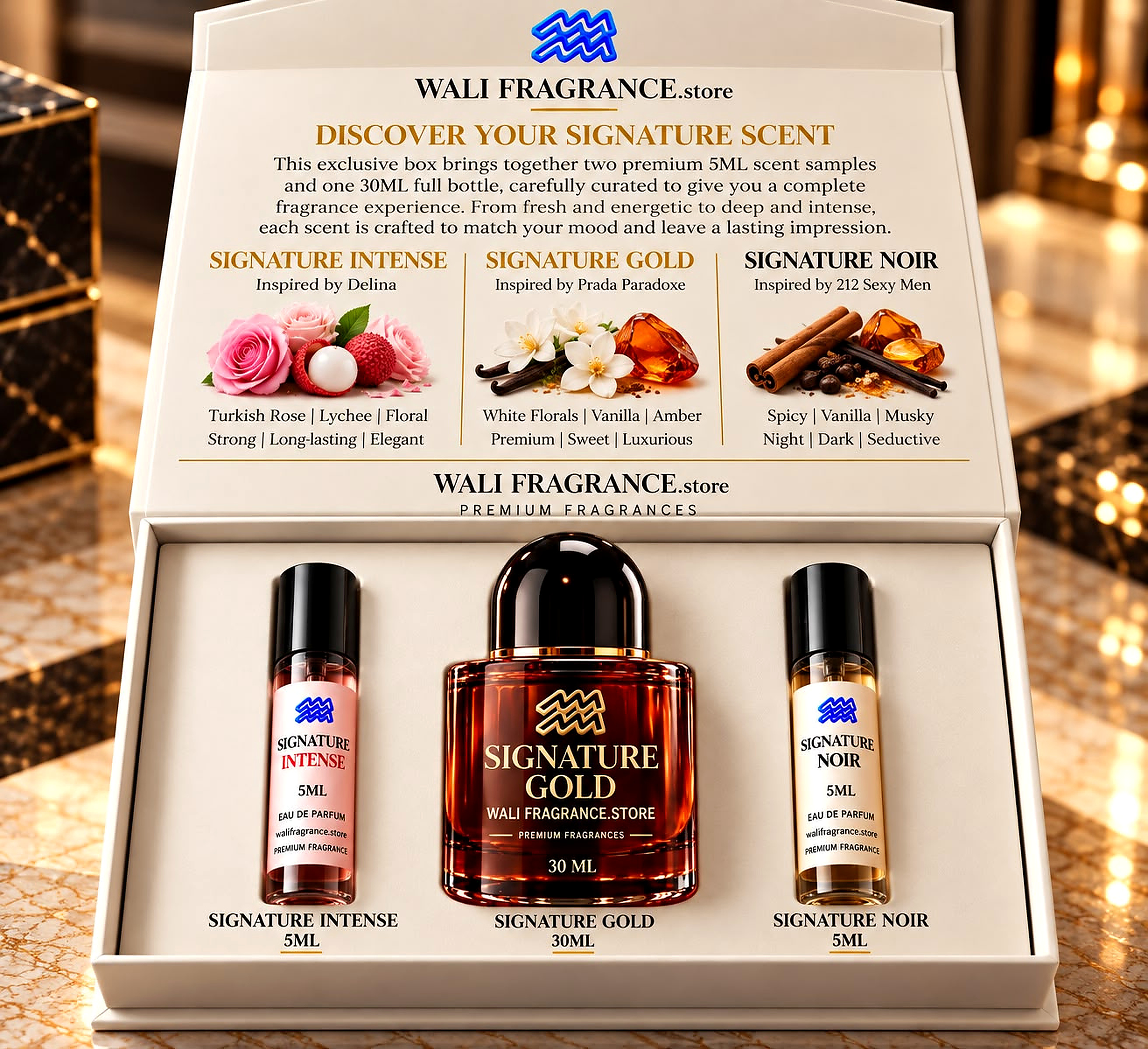 Wali Fragrance gift box with perfume and two sample vials